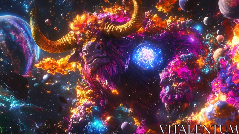 Celestial Bull in a Vibrant Cosmic Scene AI Image