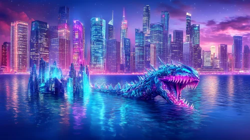 Surreal Neon City with Rising Cyber Serpent