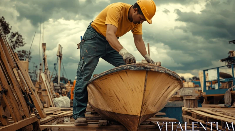 Craftsman Constructing a Wooden Boat AI Image