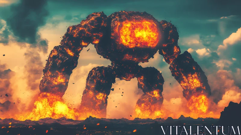 Molten Lava Mech Amidst Volcanic Eruption AI Image