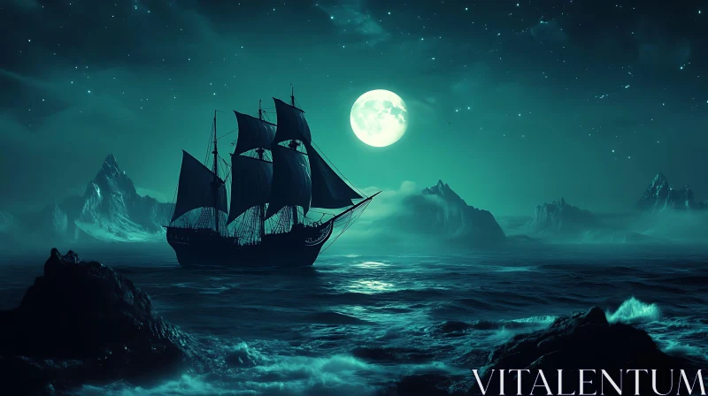 Sailing Ship Under Full Moon in Mysterious Sea AI Image