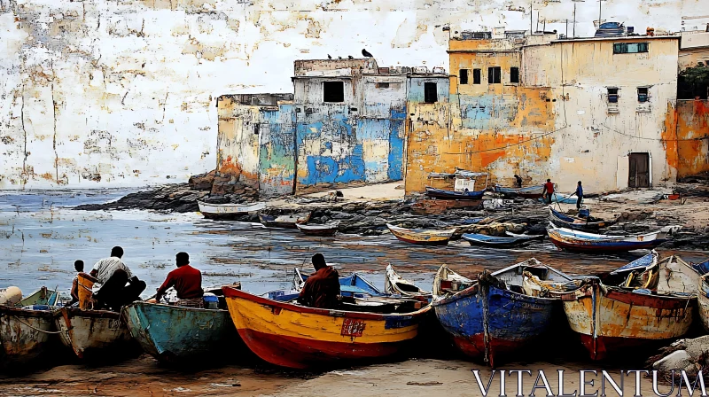 AI ART Seaside Village with Vibrant Boats