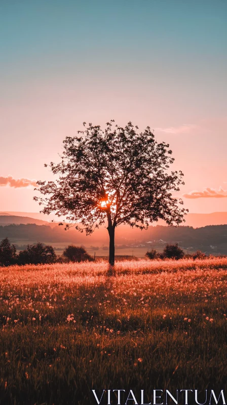 AI ART Sunset Behind a Tree in a Serene Field