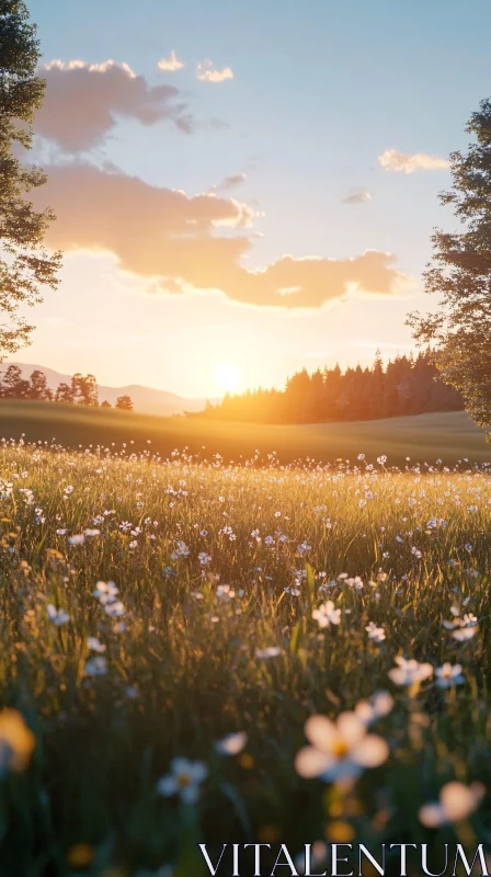 AI ART Tranquil Wildflower Field Under Setting Sun