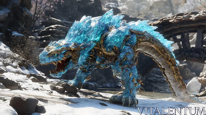 Icy Blue Dragon with Golden Accents AI Image