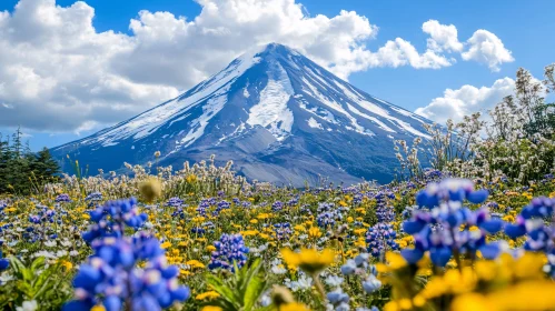 Snow-Capped Mountain and Blooming Wildflowers