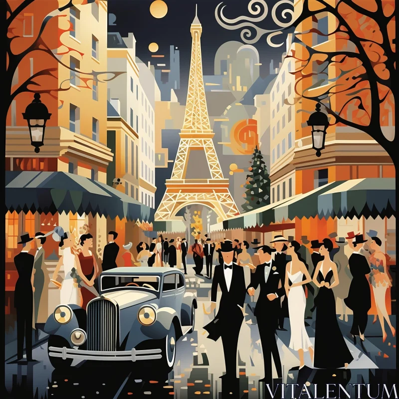 Art Deco Style Paris Painting with Vintage Car and Eiffel Tower AI Image