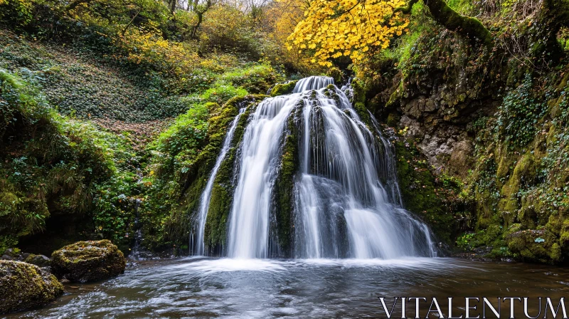 AI ART Tranquil Forest Waterfall in Autumn