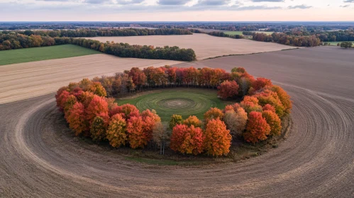 Autumn Circle of Trees in Plowed Field