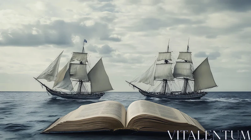 Imaginary Seascape with Open Book and Sailing Ships AI Image