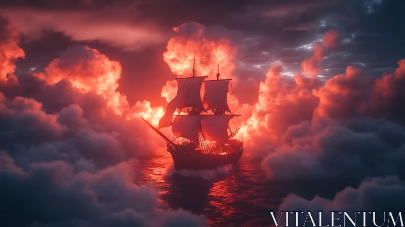 Ship Amidst Fiery Sunset Clouds AI Image