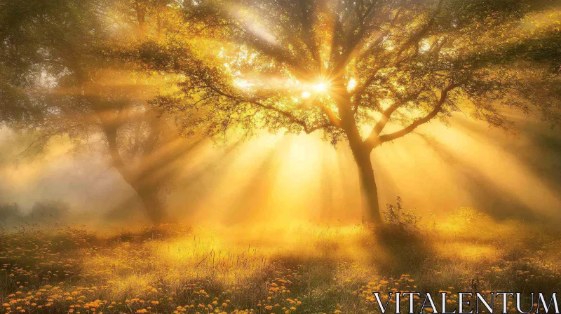 Golden Sunbeams Piercing Through Forest Trees AI Image