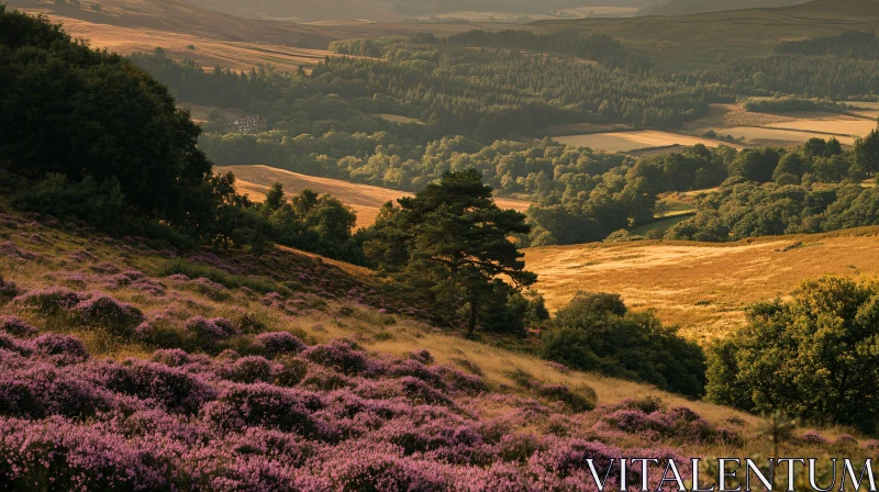 Sunset Over Green Valley and Purple Flower Hills AI Image