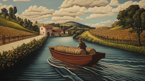 Peaceful River Navigation Through Countryside Vineyards