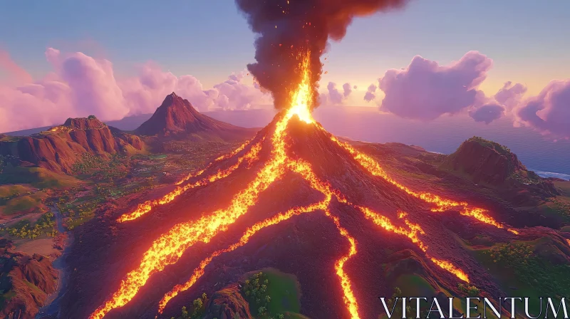 AI ART Fiery Volcano Erupts Amidst Majestic Hills