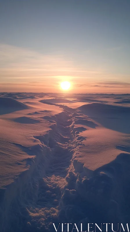 AI ART Sunset Over Snowy Landscape with Trail