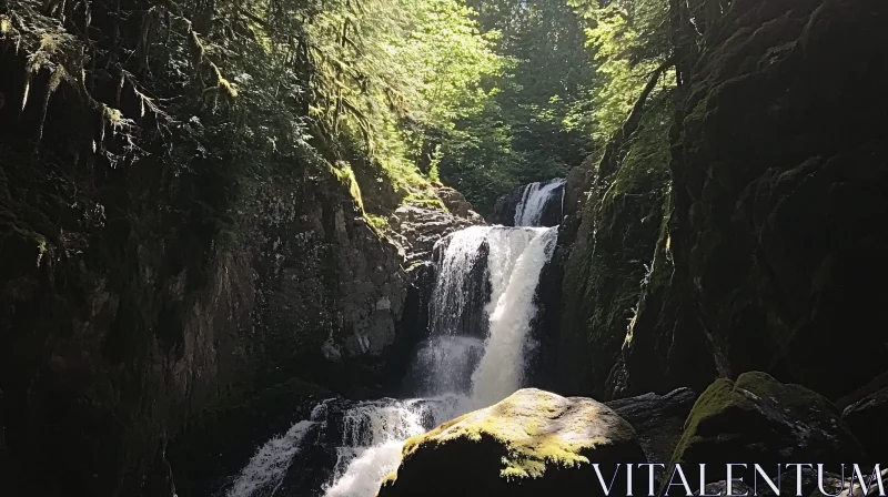 AI ART Tranquil Waterfall and Mossy Rocks