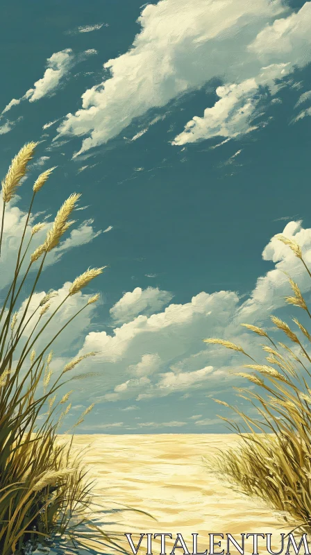 AI ART Golden Grasses in a Serene Field under Cloudy Sky