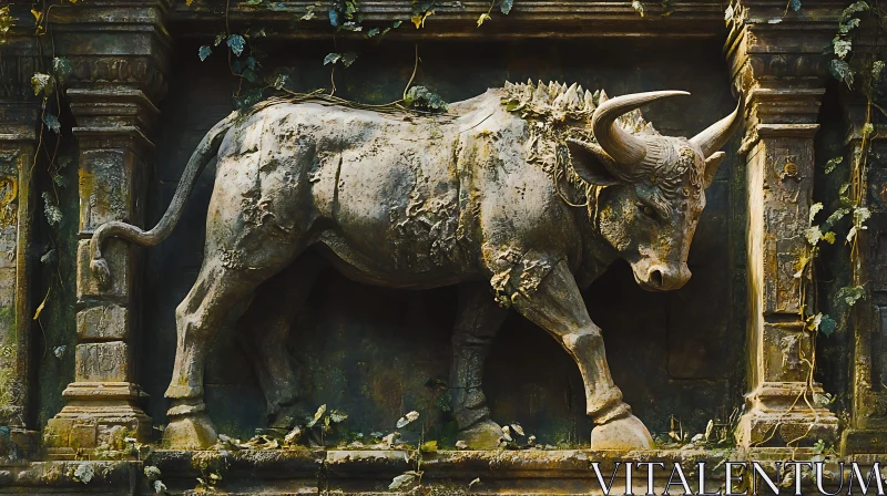 Weathered Bull Sculpture in Historical Stone Structure AI Image