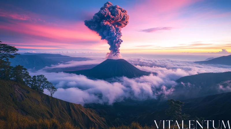 AI ART Smoking Volcano Eruption with Sunset and Cloud Layers