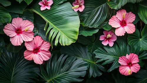 Vibrant Pink Hibiscus and Green Tropical Leaves