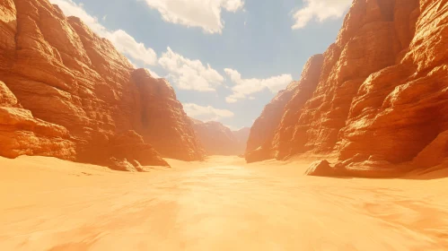 Expansive Desert View with Sandy Ground and Rugged Canyon Walls