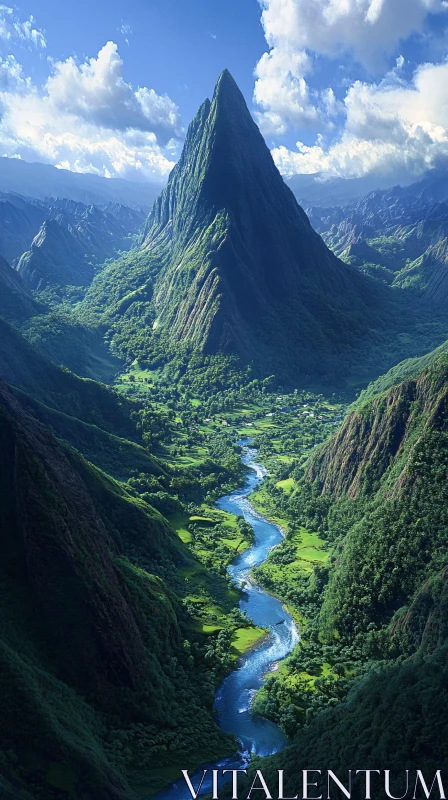 Towering Mountain Over Serene River Valley AI Image