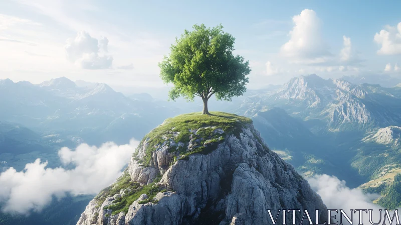 Alone on the Summit: Tree and Mountain Vista AI Image