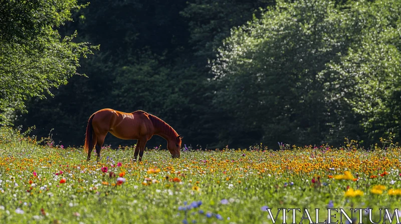 Peaceful Horse in Blooming Meadow AI Image