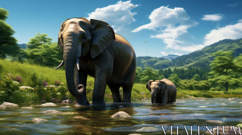 Majestic Elephants Crossing River in Enigmatic Jungle AI Image