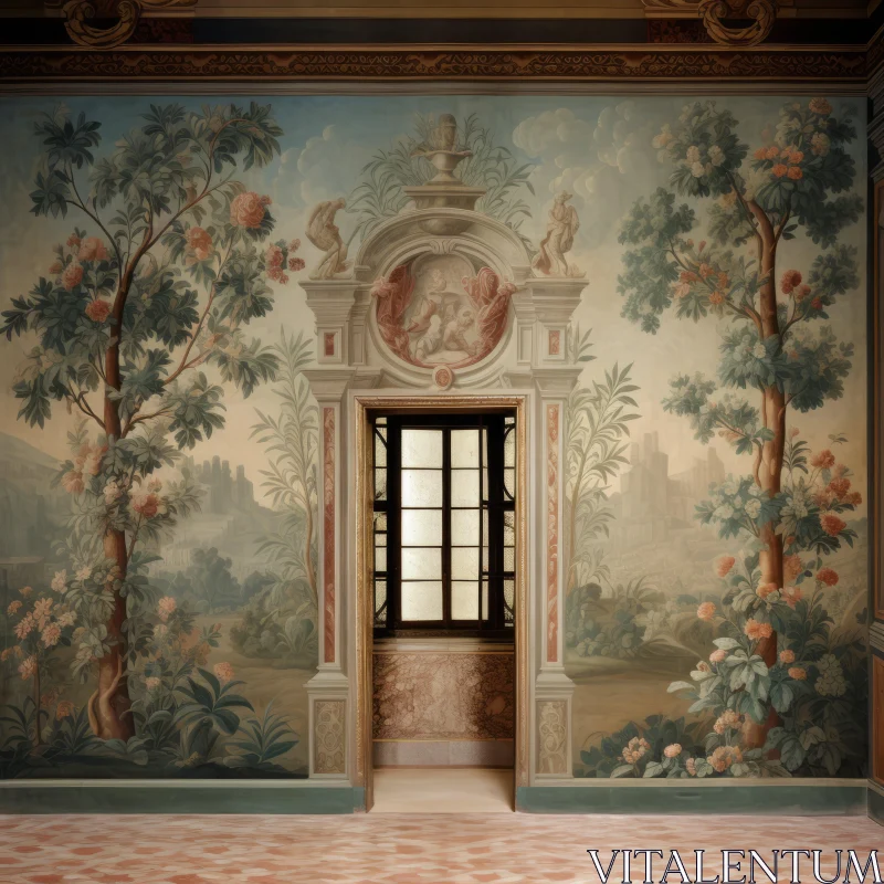 Pastel Rococo Style Room with Mural and Doorway AI Image