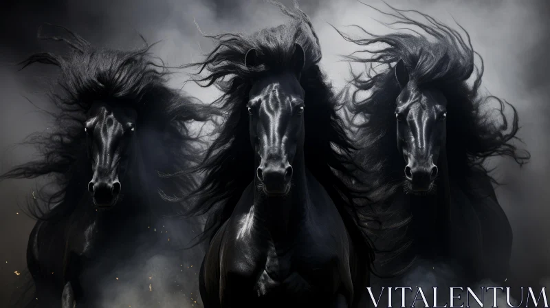 Powerful Portraits of Black Horses Galloping in a Misty Field AI Image