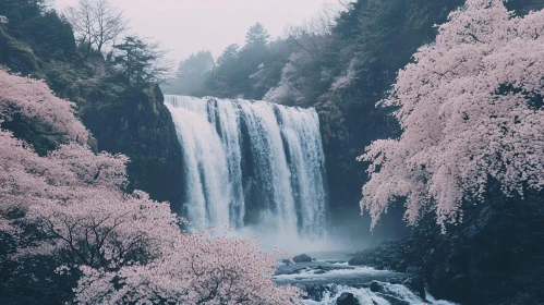 Waterfall with Cherry Blossoms in Misty Forest