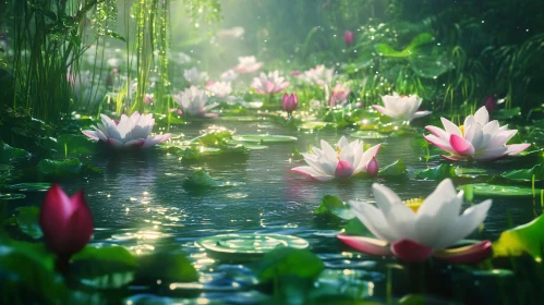 Peaceful Pond with White and Pink Water Lilies