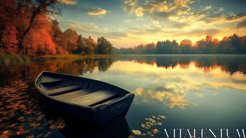 Peaceful Autumn Sunset over Lake with Boat AI Image