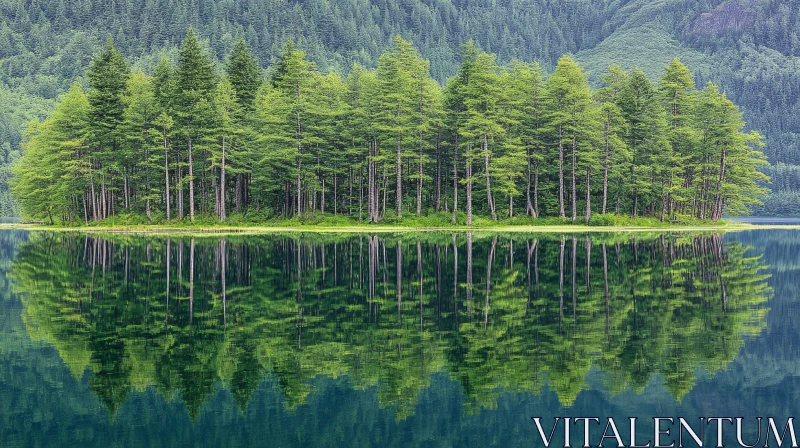 Serene Island Forest Reflected in a Lake AI Image