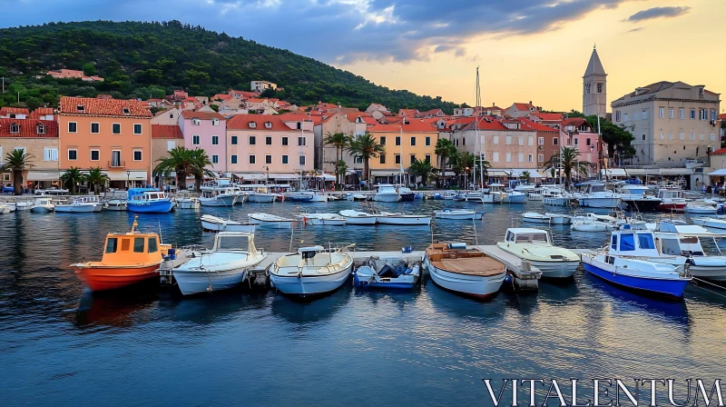 Pastel-colored Coastal Buildings and Boats at Dusk AI Image