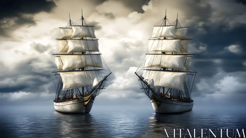 AI ART Serene Sailing Ships with Full Sails Under Cloudy Sky