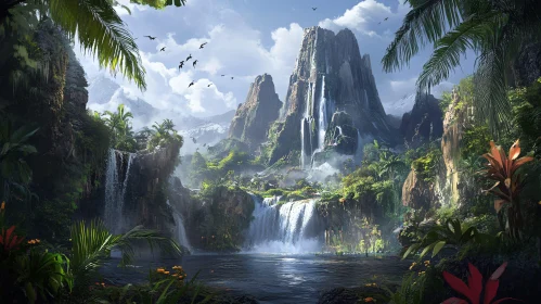 Majestic Waterfalls Amidst Verdant Mountains