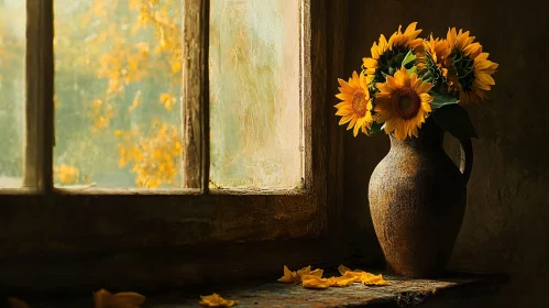 Sunflower Bouquet in Earthen Vase - Cozy Window Scene