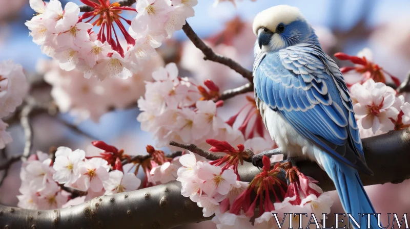 Blue Bird Perched on Cherry Blossom Branch - Japanese Petcore Art AI Image