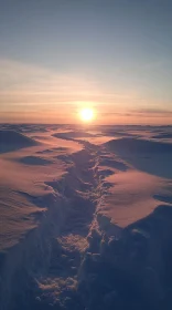 Sunset Over Snowy Landscape with Trail