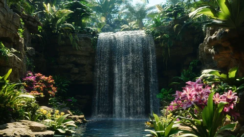 Exotic Waterfall with Vibrant Flora