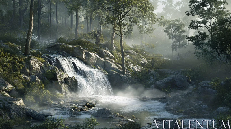 Tranquil Forest Waterfall with Mist AI Image