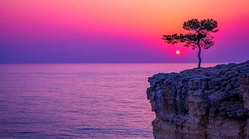 Solitary Tree on Cliff at Sunset