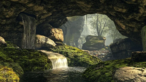 Waterfall Cascading in a Green Cave