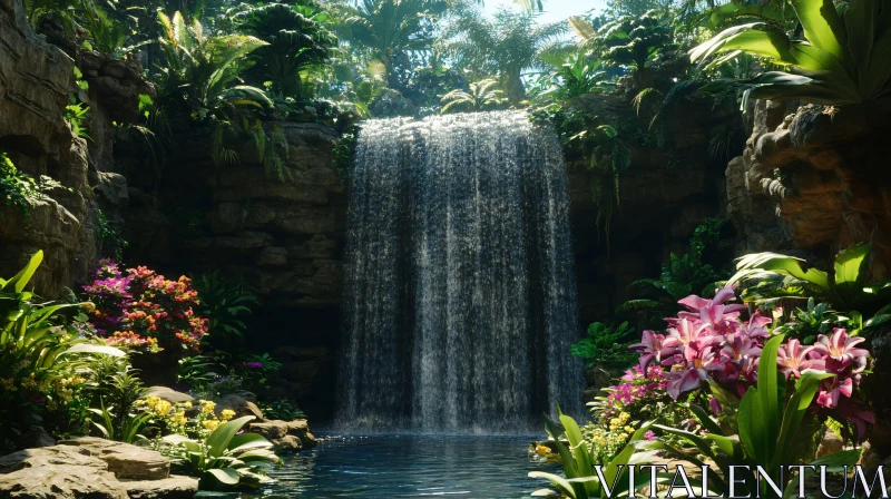 Exotic Waterfall with Vibrant Flora AI Image