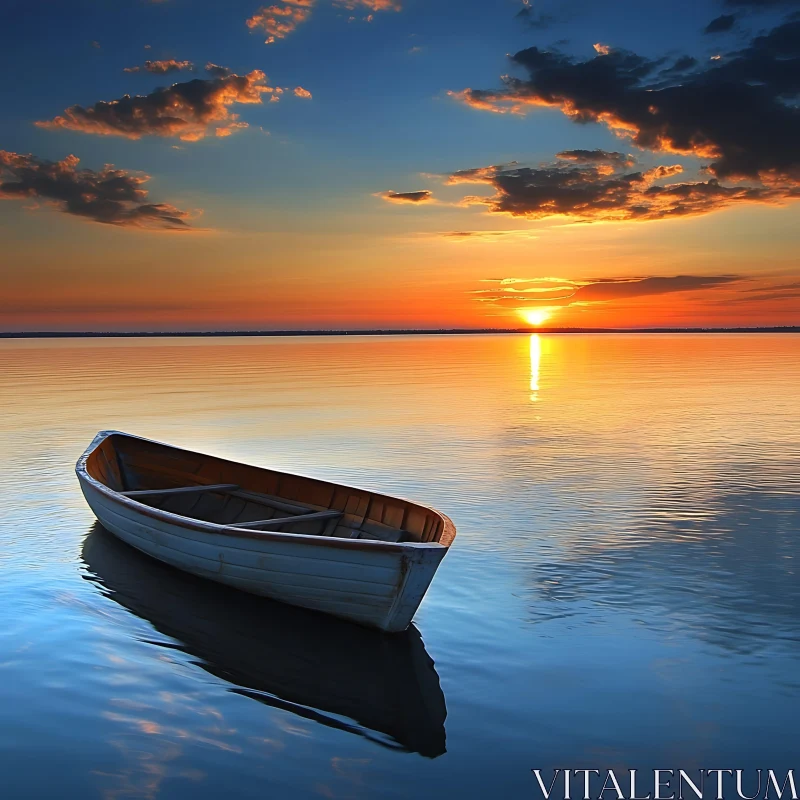 Tranquil Sunset with Reflecting Boat on Lake AI Image