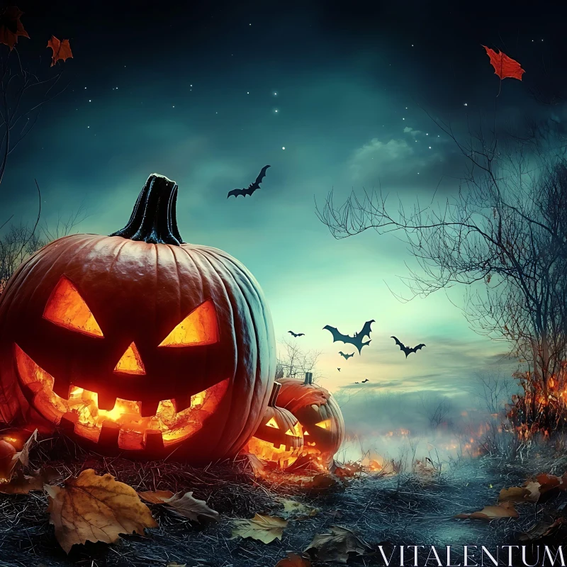 Eerie Halloween Night with Jack-o'-lanterns AI Image