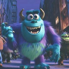 Joyful Fur Monster in Animated Cityscape